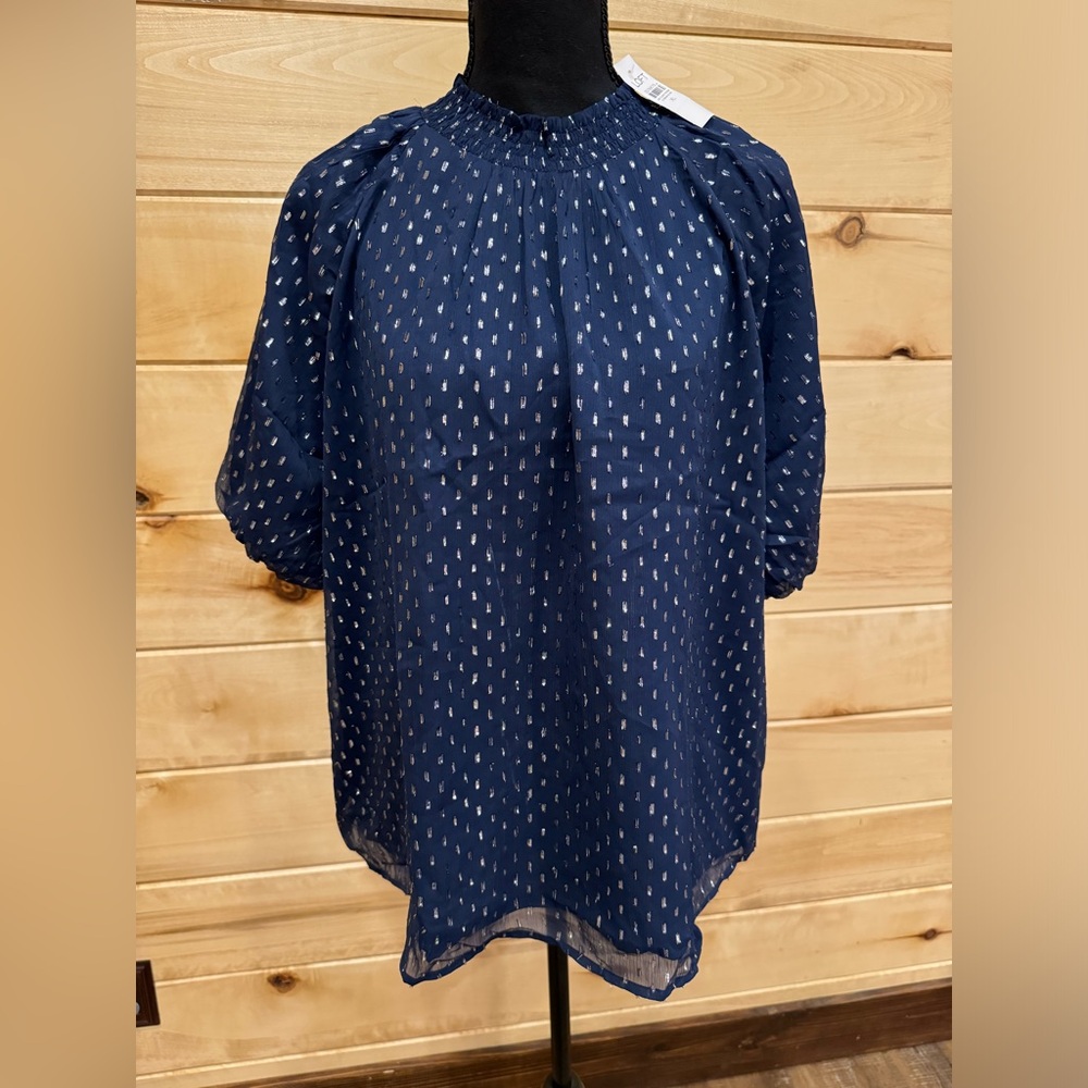 LOFT Navy Blue Blouse with White Dots